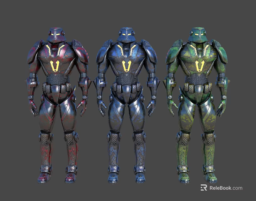 Three Futuristic Sci-Fi Robot Characters With Different Colored Mecha Armor Standing Pose 3d model 