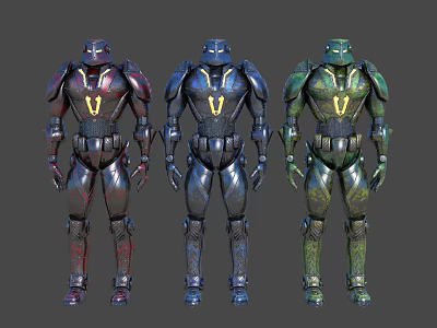 Three Futuristic Sci-Fi Robot Characters With Different Colored Mecha Armor Standing Pose 3d model