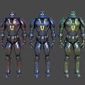 Three Futuristic Sci-Fi Robot Characters With Different Colored Mecha Armor Standing Pose