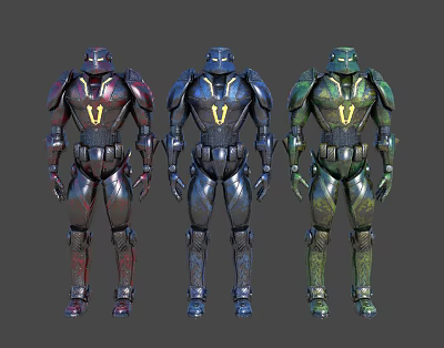 Three Futuristic Sci-Fi Robot Characters With Different Colored Mecha Armor Standing Pose 3d model