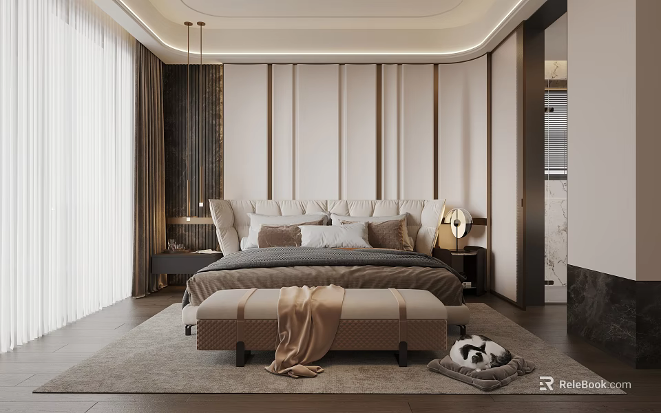 Modern Elegant Bedroom Interior Design With Vertical Paneled Accent Wall Bed Bench And Throw Blanket 3d model 