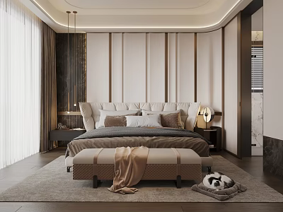 Modern Elegant Bedroom Interior Design With Vertical Paneled Accent Wall Bed Bench And Throw Blanket 3d model
