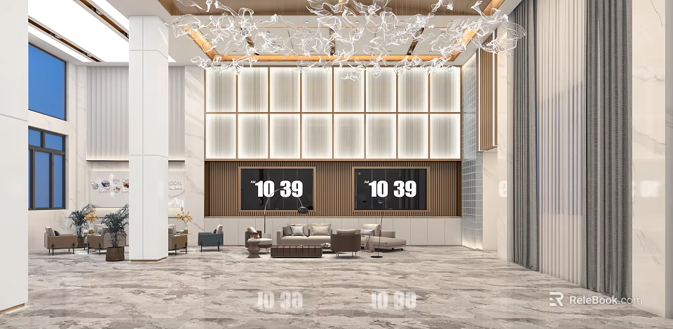 Elegant Modern Hotel Lobby With Crystal Chandelier Paneled Walls Sofa Seating And Marble Flooring 3d model 
