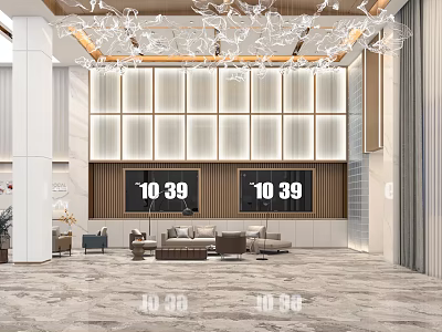 Elegant Modern Hotel Lobby With Crystal Chandelier Paneled Walls Sofa Seating And Marble Flooring 3d model