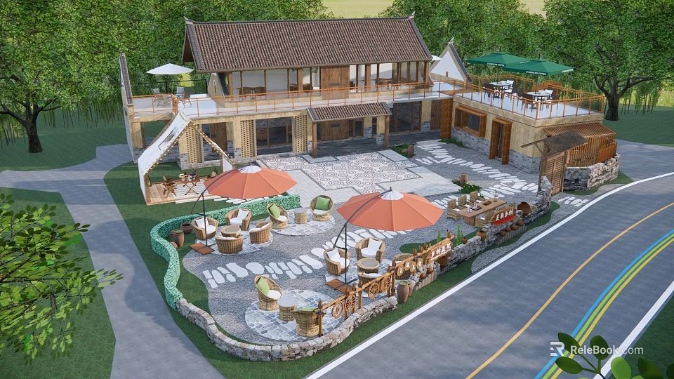 Traditional Boutique Guesthouse Architecture With Outdoor Seating Sun Umbrellas Stone Paved Courtyard And Lush Greenery 3d model 