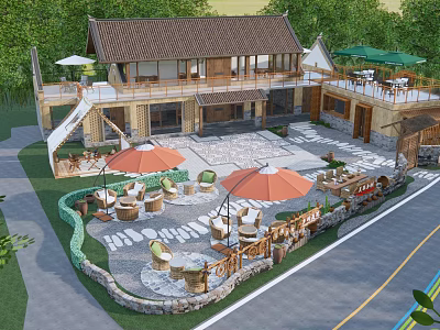 Traditional Boutique Guesthouse Architecture With Outdoor Seating Sun Umbrellas Stone Paved Courtyard And Lush Greenery 3d model