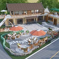Traditional Boutique Guesthouse Architecture With Outdoor Seating Sun Umbrellas Stone Paved Courtyard And Lush Greenery