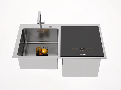 Stainless Steel Kitchen Sink With Modern Faucet Black Panel And Fruits In Basin 3d model