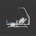Adjustable Medical Bed With Blue Mattress White Frame And Side Rails On Wheels