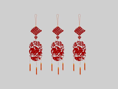 Traditional Red Chinese Knot Hanging Decorations with Zodiac Patterns and Tassels 3d model