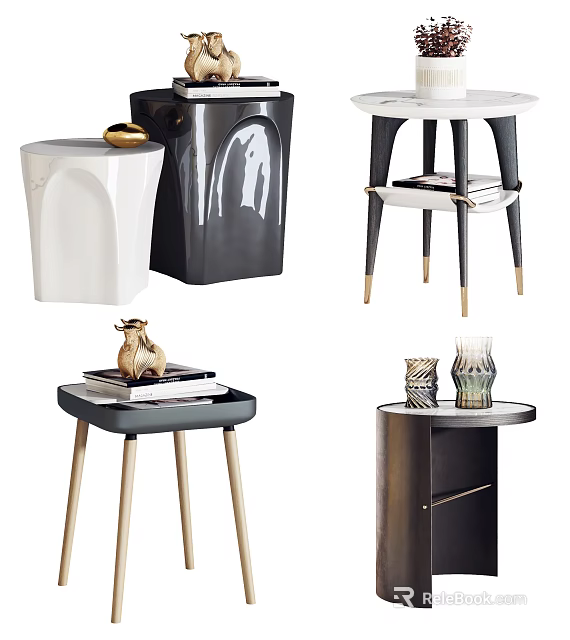 Modern Side Tables With Different Styles And Decorative Items On Top 3d model