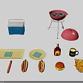 Outdoor Picnic Supplies Including Cooler Grill Plates And Food Items Like Hotdogs Hamburger Fries