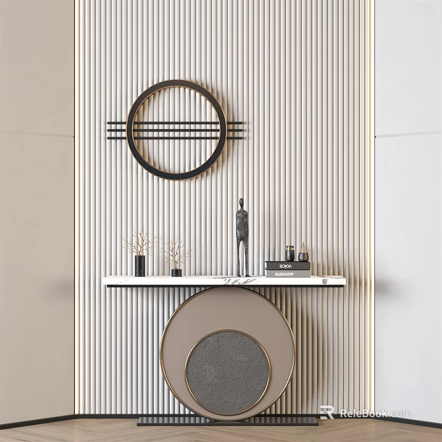 Elegant Console Table with Striped Wall Circular Decor and Decorative Items 3d model
