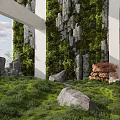 Tranquil Leisure Area with Green Vines Stone Pillars White Beam Grass Rocks and Red Shrubs