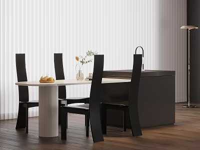 Modern Kitchen Interior With Black Island Dining Table Chairs And Wooden Floor 3d model