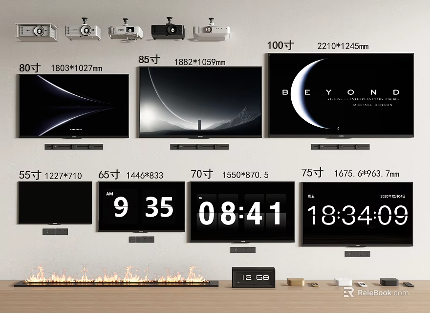 Various Size Televisions With Digital Time Display And Multiple Screen Dimensions 3d model 