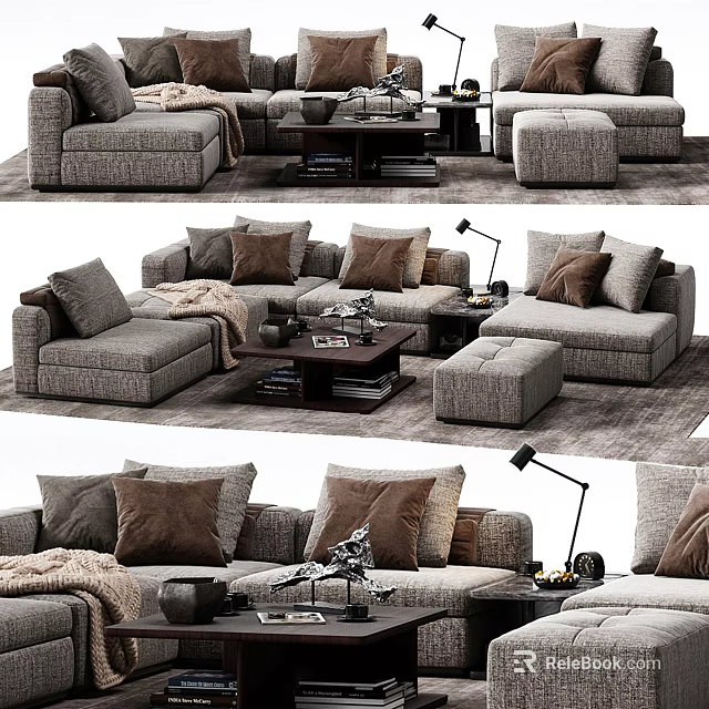 Modern Sectional Sofa Set With Plush Pillows Coffee Table Ottoman And Throw Blanket 3d model