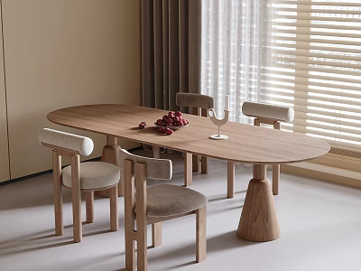 Modern Wooden Dining Table And Four Chairs In Minimalist Interior With Fruit And Wine Glass 3d model