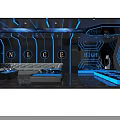 Futuristic Modern KTV Interior With Blue Lighting Circular Floor Patterns Sofas And Digital Screen Decor 3d model