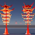 Traditional Red Chinese Lantern Towers With Multi layer Structure And Hanging Lanterns 3d model