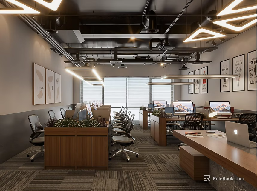 Modern Public Office Space Interior With Ergonomic Chairs Desks Computers Wall Art And Ceiling Lights 3d model 