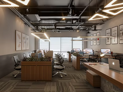 Modern Public Office Space Interior With Ergonomic Chairs Desks Computers Wall Art And Ceiling Lights 3d model