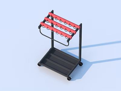 Black Frame Multi Layer Storage Rack with Red Hooks and Rolling Wheels for Home 3d model
