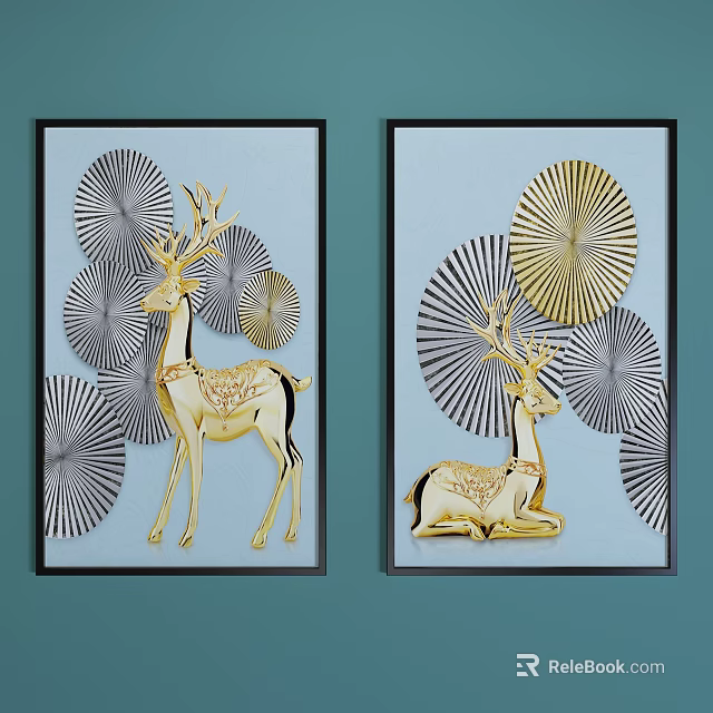 Two Panel Decorative Wall Art With Golden Deer And Fan Shaped Patterns On Blue Background 3d model