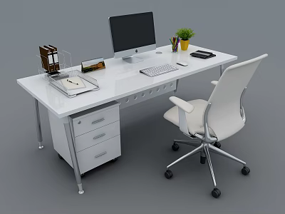 White Office Desk With Computer Monitor Keyboard File Organizer Notebook Potted Plant And White Chair 3d model
