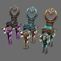 Three Colorful Creatures Lifting Ornate Structures With Moon Skull Symbols
