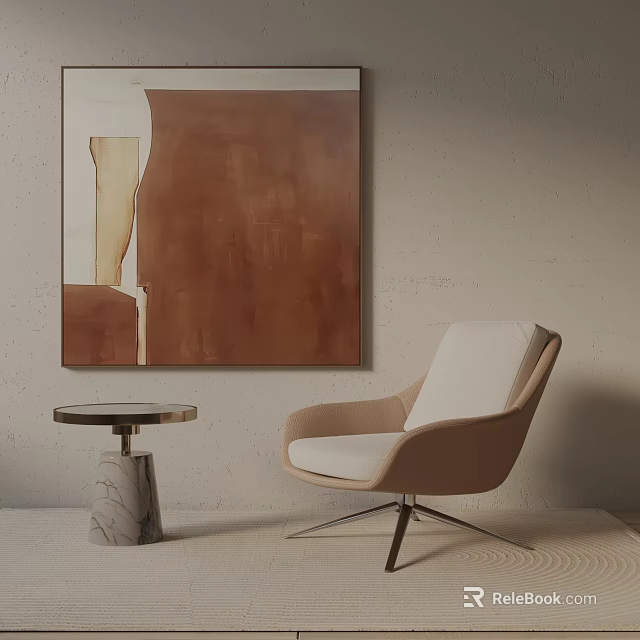 Beige Accent Chair With Metal Legs And Marble Side Table In Modern Interior With Brown Abstract Painting 3d model 