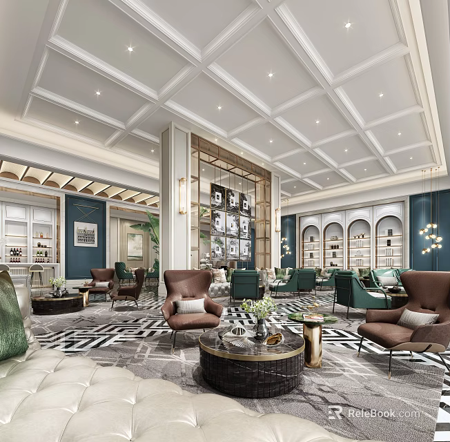 Elegant Lounge Area Interior Design With Sofas Armchairs Coffee Tables Rugs And Plants 3d model 