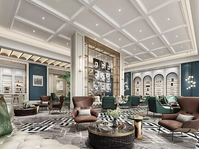Elegant Lounge Area Interior Design With Sofas Armchairs Coffee Tables Rugs And Plants 3d model