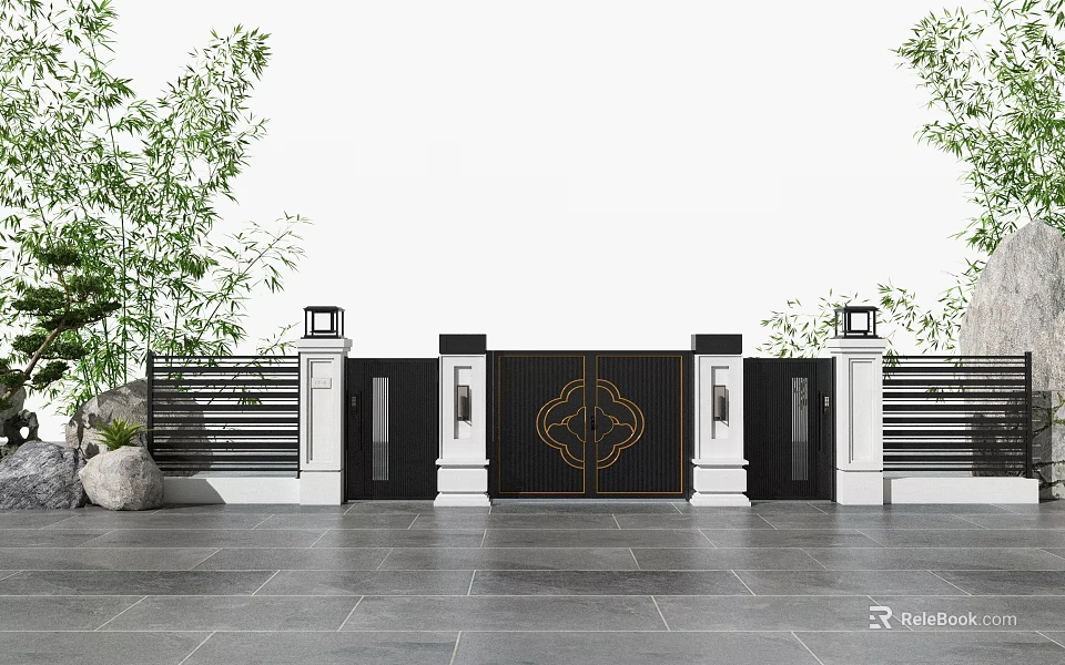 Traditional Gate Entrance with Black Doors Golden Patterns White Pillars Lanterns Greenery Gray Pavement 3d model 