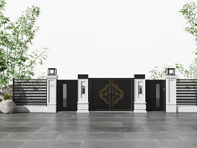 Traditional Gate Entrance with Black Doors Golden Patterns White Pillars Lanterns Greenery Gray Pavement 3d model