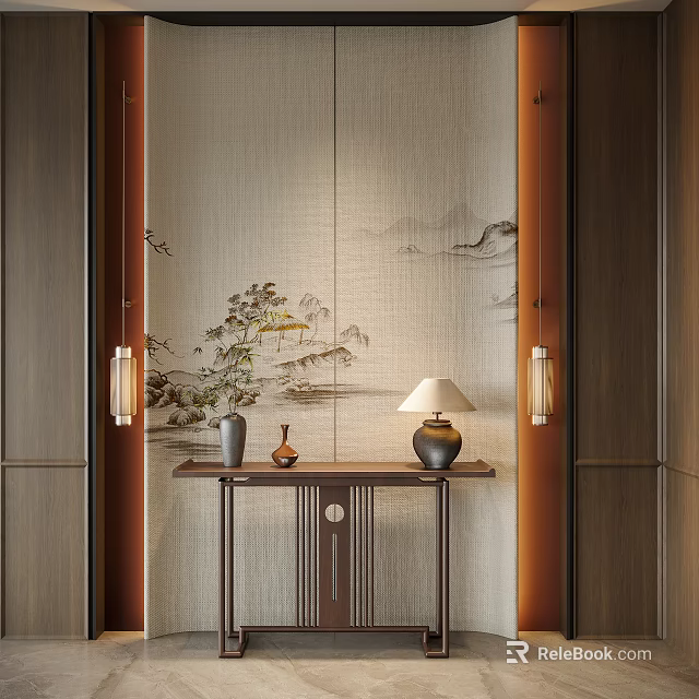 Chinese Foyer Hallway Interior With Landscape Painting Console Table And Table Lamp 3d model 