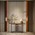 Chinese Foyer Hallway Interior With Landscape Painting Console Table And Table Lamp