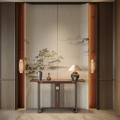 Chinese Foyer Hallway Interior With Landscape Painting Console Table And Table Lamp 3d model