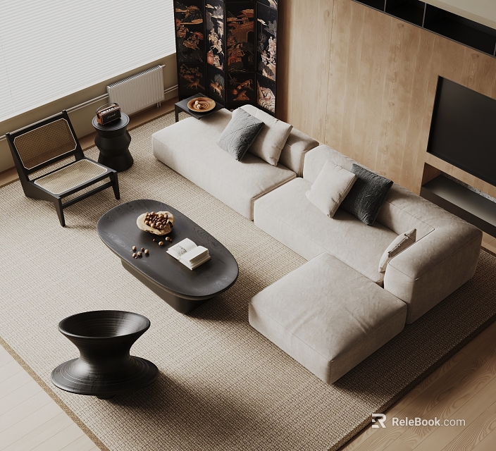 Light Beige Sofa And Black Oval Coffee Table Set With Grey Cushions Fruit Tray And Book 3d model 