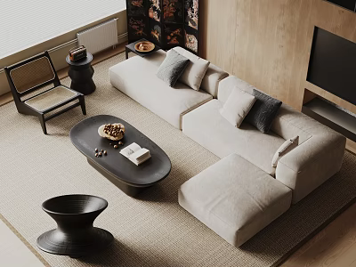 Light Beige Sofa And Black Oval Coffee Table Set With Grey Cushions Fruit Tray And Book 3d model