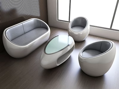Modern Egg Shaped Sofa And Coffee Table Set With Glass Top And Gray Cushions 3d model
