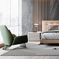 Modern Bedroom Interior With Marble Wall Upholstered Headboard Green Accent Chair And Wardrobe
