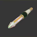 Futuristic Sci Fi Weapon With Gold White Black Cylindrical Design Green Glowing Tip Metallic Finish