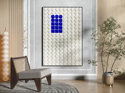Modern Living Room Interior With Abstract Wall Art Blue Squares Wooden Chair And Potted Plant 3d model