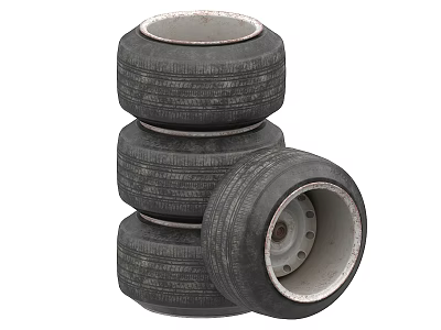 Four Worn Car Tires Stacked Together with Metal Rims Showing Scratched Surfaces 3d model