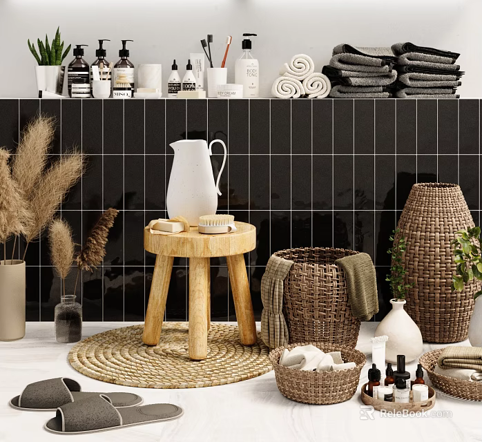 Bathroom Accessories Including Wicker Baskets Ceramic Pitcher Rattan Mat And Towels 3d model 