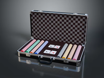 Open Metal Suitcase With Checkerboard Lining And Colorful Tiles Cards Game Set 3d model