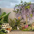 Garden Plant Combination Featuring Wisteria Purple Flowers Tropical Plants Stone Decor And Pebble Ground