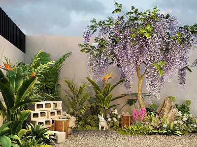 Garden Plant Combination Featuring Wisteria Purple Flowers Tropical Plants Stone Decor And Pebble Ground 3d model