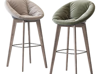 Modern Upholstered Bar Stools With Wooden Legs And Metal Crossbar In Neutral And Green Tones 3d model